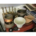 A brass warming pan and other brass and copper