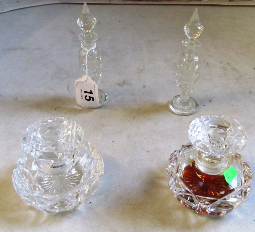 A pair tall glass scent bottles and pair squat scent bottles