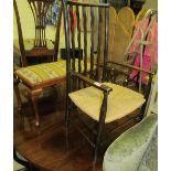 A rush seated slat back chair and a tapestry top stool