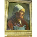 A 19th Century oil on canvas old lady in mop cap (s/a/f) in gilt frame