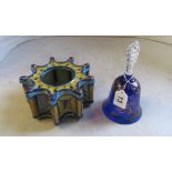 A blue and gilt glass bell with clear airtwist handle and a faience flower holder