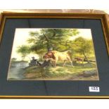 A watercolour fishing by river with bull and cow and a print religious scene