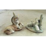 A Lladro donkey, two geese and Nao goose group