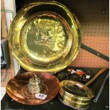 A brass plate embossed Mad Hatter, chestnut roaster and other copper and brass