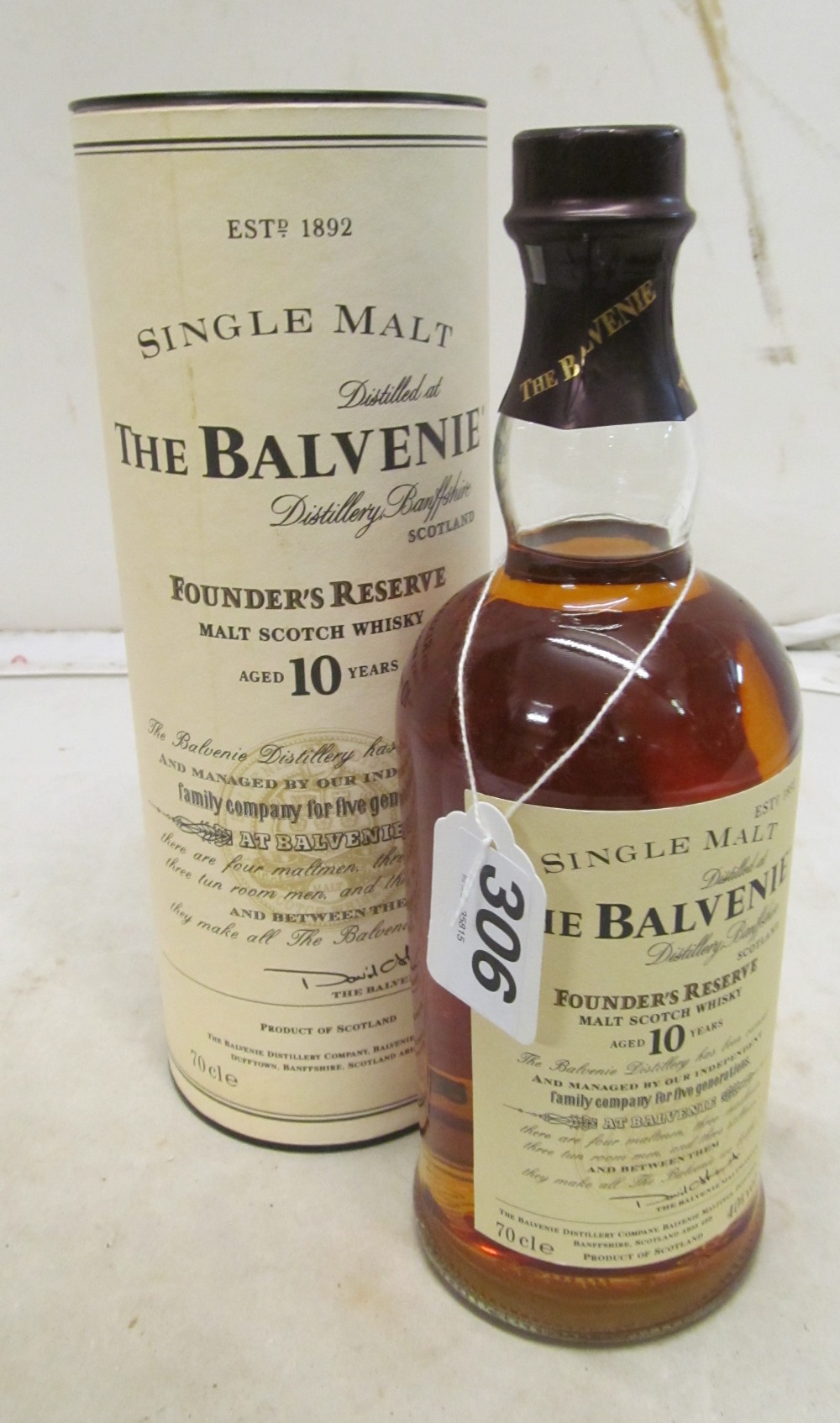 A bottle of The Balvenie Founders Reserve malt scotch whisky aged 10 years in tin