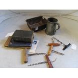Various corkscrews, pewter tankard and a small group of books etc