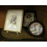 Two miniatures, two other prints and a small needlework framed