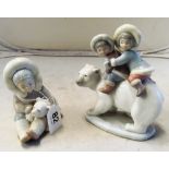 A Lladro child hugging polar bear and a Lladro group boy and girl riding a polar bear