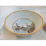 A crackle glazed bowl bird design and a Royal Copenhagen pottery bowl fish design