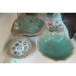 A Chinese bowl with red seal to base, Chinese dish decorated bats and two small chinese comports (
