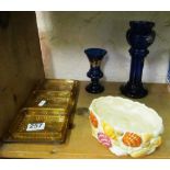 A hand painted blue glass candleholder, other glass and a SylvaC shell bowl