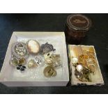 A silver helpers badge, costume jewellery, cufflinks and a stud box