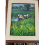 An oil two people in rice field from Thailand and a watercolour of orchids