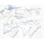 FOOTBALL: An oblong 8vo sheet of stationery individually signed to the verso by nine footballers,