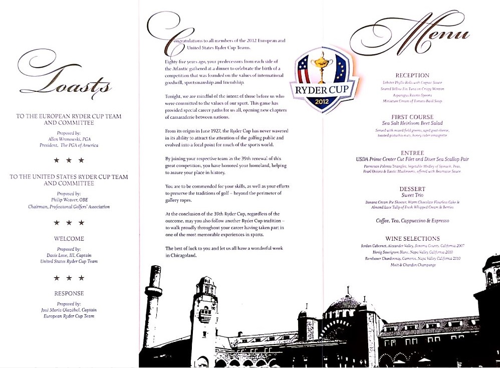 RYDER CUP: A good printed slim 4to folding menu card for the Welcome Dinner of the 39th Ryder Cup, - Image 2 of 2