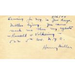 MILLER HENRY: (1891-1980) American Writer. A.N.S., Henry Miller, to one side of a plain postcard, n.