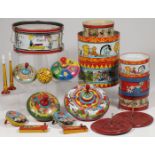 20 TIN LITHO DRUMS, TOPS, AND NOISE MAKERS