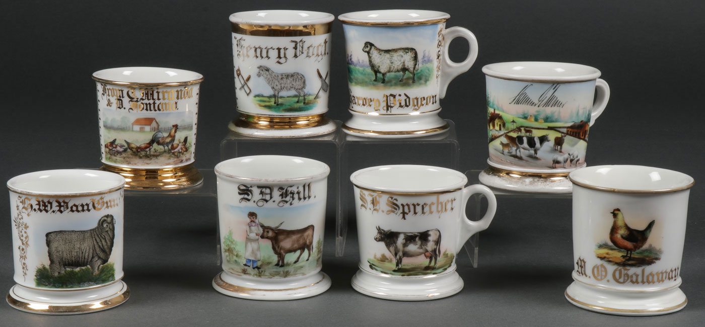 EIGHT OCCUPATIONAL SHAVING MUGS, C. 1890