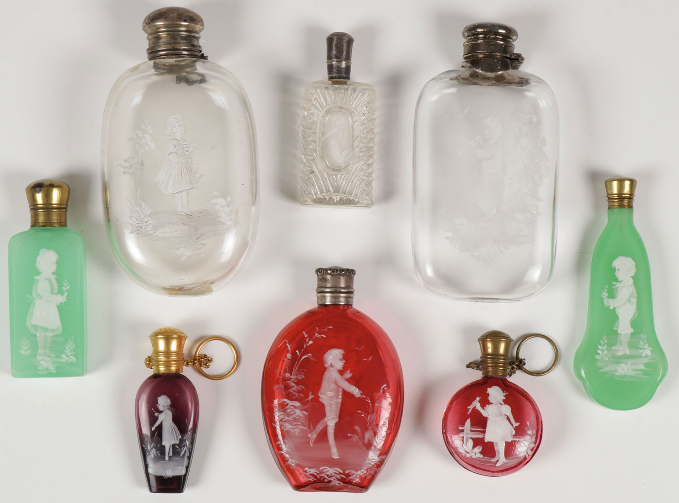 EIGHT MARY GREGORY PERFUMES & FLASKS, C. 1900