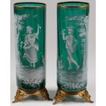 PAIR LARGE MARY GREGORY EMERALD MANTEL VASES