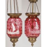 TWO RARE MARY GREGORY CRANBERRY LAMPS