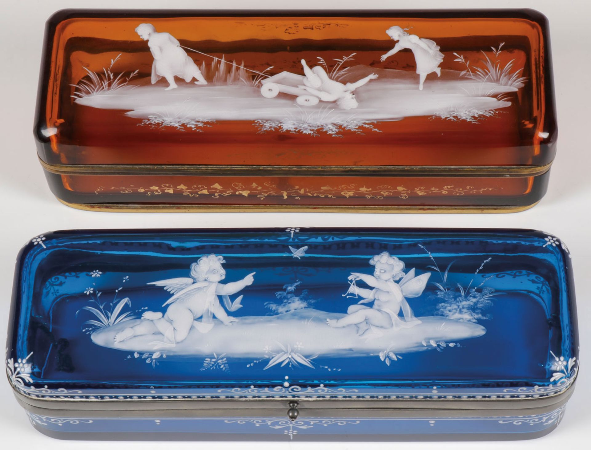 EXCEPTIONAL MARY GREGORY GLOVE BOXES, C. 1880