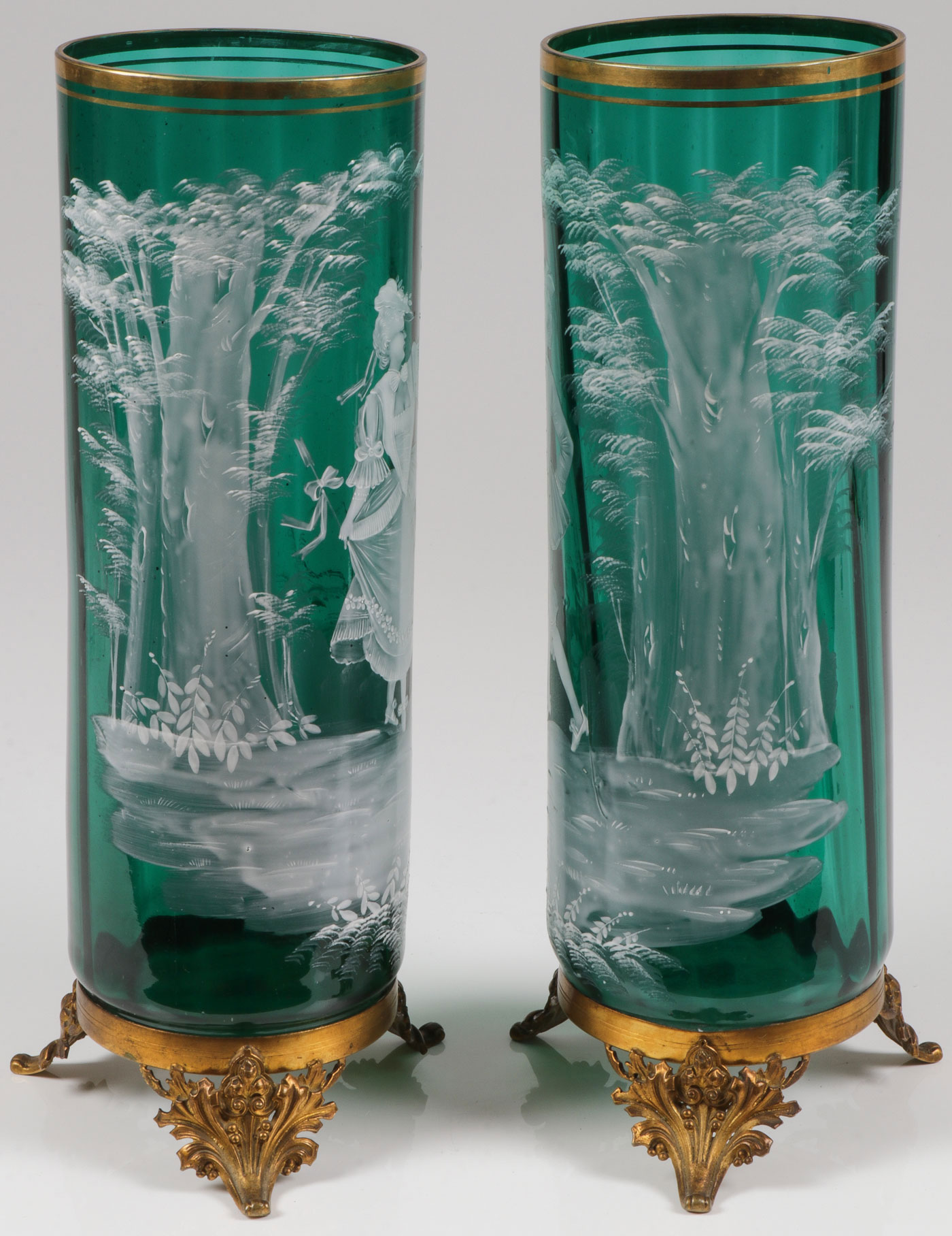 PAIR LARGE MARY GREGORY EMERALD MANTEL VASES - Image 2 of 2