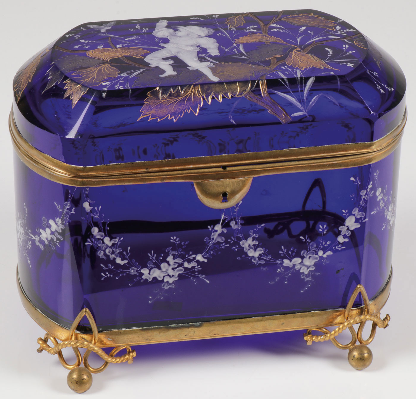 OUTSTANDING COBALT GLASS DECORATED BOX, C. 1890 - Image 2 of 3