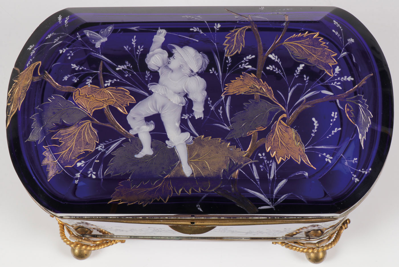 OUTSTANDING COBALT GLASS DECORATED BOX, C. 1890