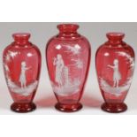 THREE MARY GREGORY CRANBERRY VASES