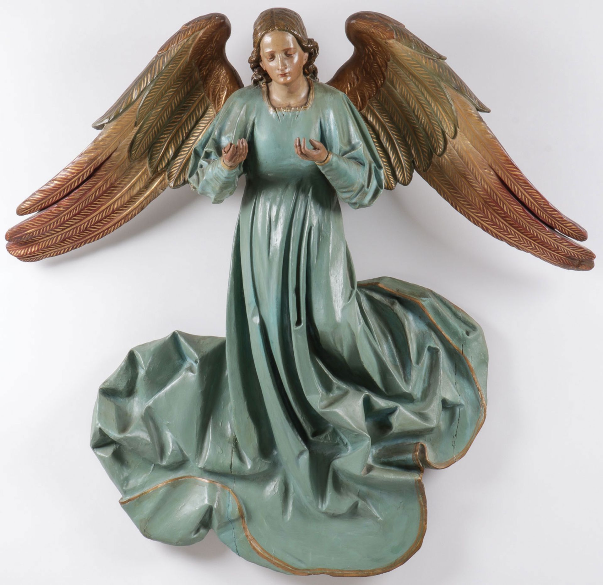 SPECTACULAR LARGE CARVED WOOD ANGEL, 19TH C
