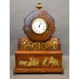 A Regency Rosewood and Brass Inlaid Mantel Clock, the enamel dial with Roman numerals within a