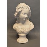 A Plaster Bust in the form of a girl with bonnet, 44cm tall