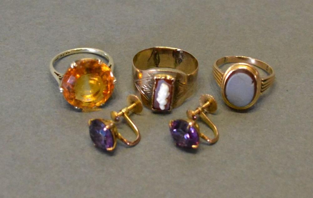 A Pair of 14 Carat Gold Amethyst Set Ear Studs, together with three dress rings