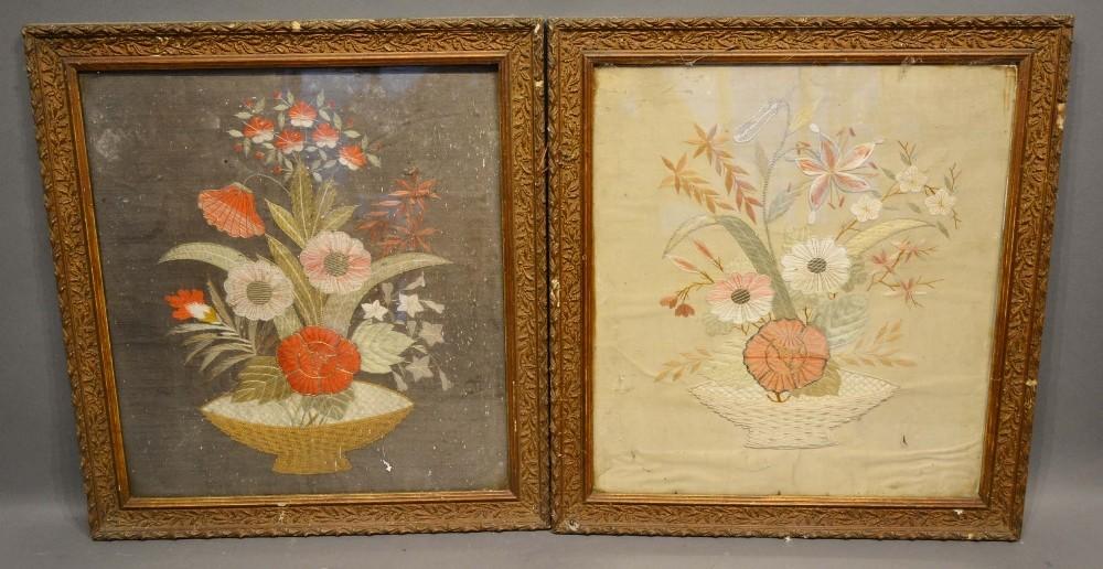 A Pair of Victorian Embroidered Silk Panels depicting vases of flowers within gilt frames, 50 x 44cm