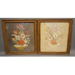 A Pair of Victorian Embroidered Silk Panels depicting vases of flowers within gilt frames, 50 x 44cm