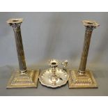 A Pair of Silver Plated Corinthian Column Candlesticks, 29.5cm tall, together with a silver plated