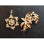 A 9 Carat Gold Foliate Spray Brooch set with nine pearls, together with another similar 9 carat gold