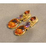 A Pair of Yellow Gold Drop Ear Clips, each with a garnet, amethyst and citrine