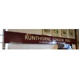 A Runthorne London Road Egham and Staines Model Railway Society wooden painted sign, 36 x 458cm