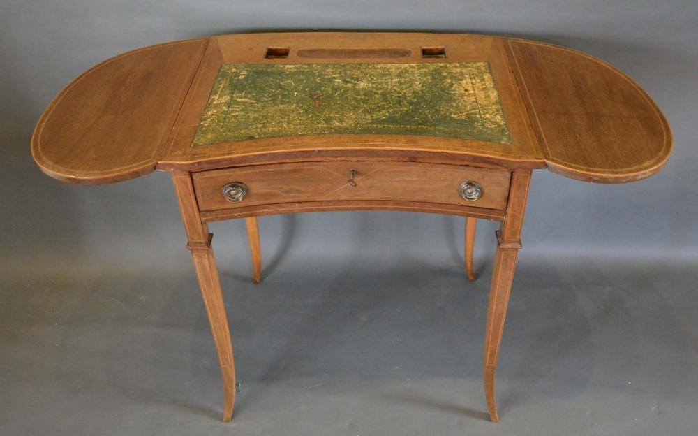 An Edwardian Mahogany Line Inlaid Kidney Shaped Writing Table, the tooled leather inset top above - Image 2 of 3