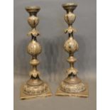 A Pair of Russian Silver Candlesticks by JA Goldman, St Petersburg, 1874, with floral engraved