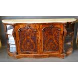 A Victorian Burr Walnut Serpentine Credenza Cabinet, the variegated marble top above a pair of