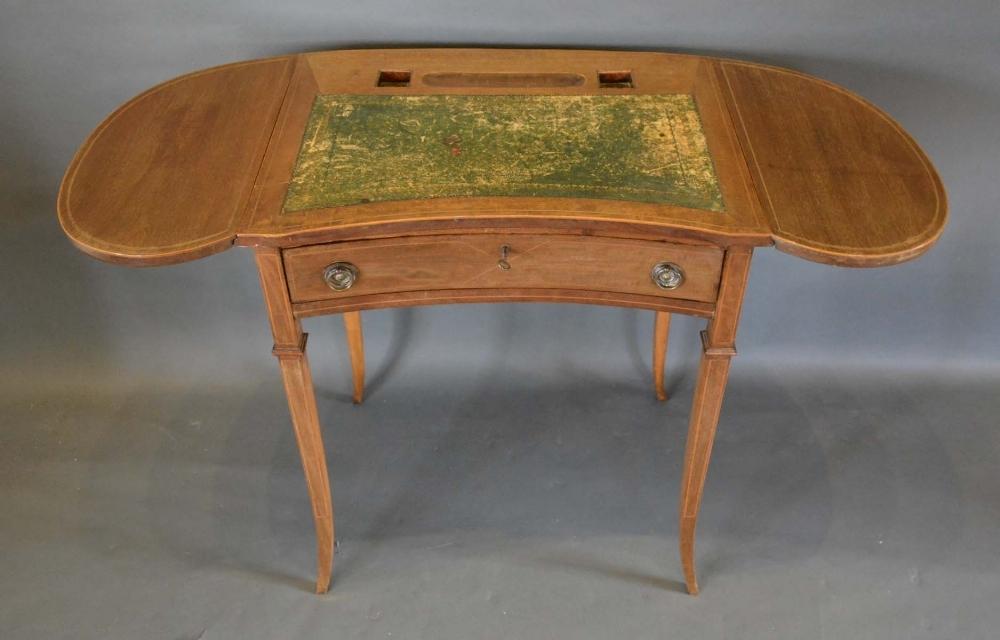 An Edwardian Mahogany Line Inlaid Kidney Shaped Writing Table, the tooled leather inset top above - Image 3 of 3