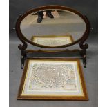 A 19th Century Mahogany Oval Swing Frame Toilet Mirror, together with a framed town map