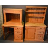 A Pine Small Dresser with a boarded shelf back above three drawers and a cupboard door, together