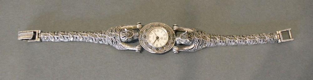 A 925 Silver Watch with steel cut decoration, the bracelet in the form of tigers