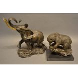 A Patinated Bronze Model in the Form of an Elephant, together with another similar in the form of