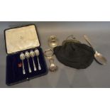 A Set of Four Sheffield Silver Teaspoons, together with a white metal mounted purse, two silver