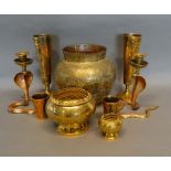 A Small Collection of Benares Brassware to include a jardiniere, a pair of candlesticks and other